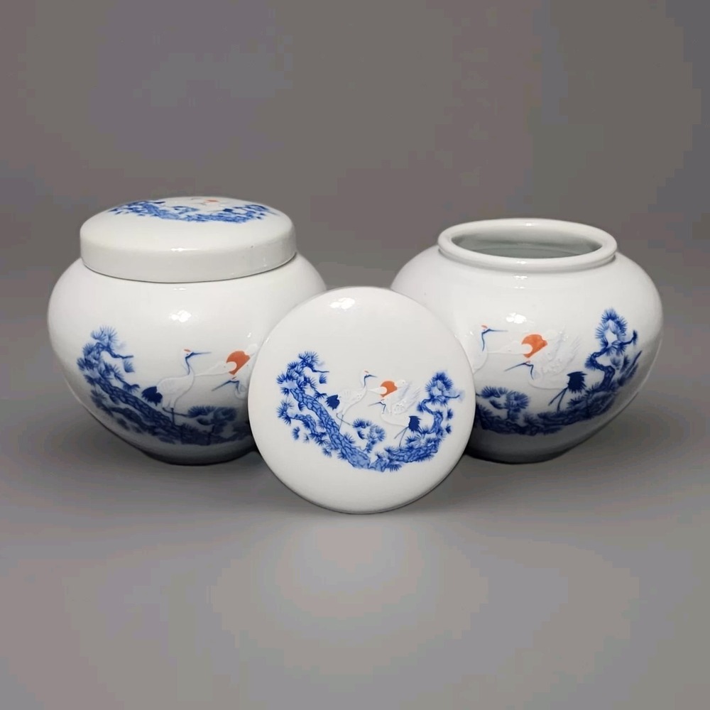 Asian Blue & White Round Tea Ginger Jar Caddy W/ Lid Cranes Hand Painted 5"x4"